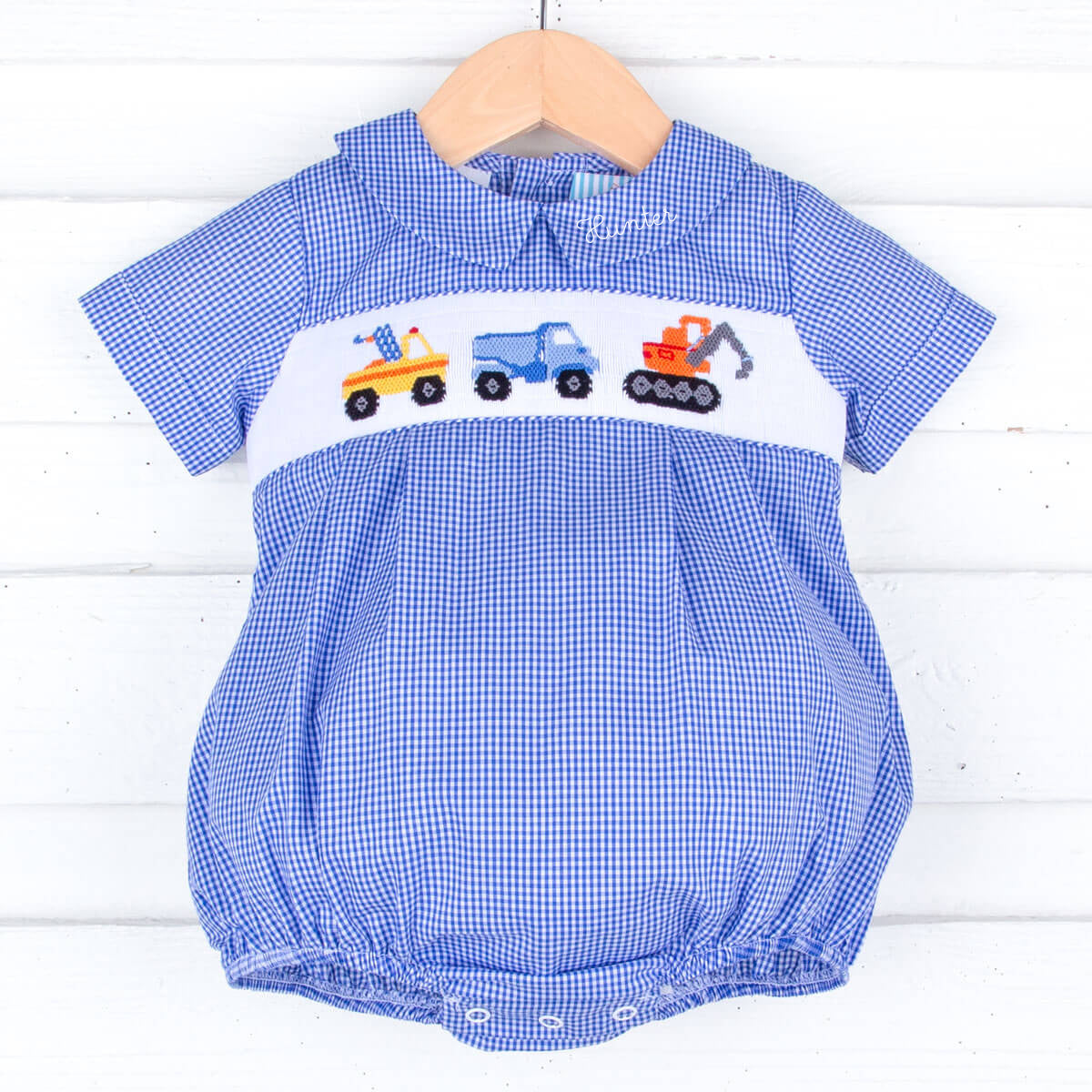 Construction Trucks Smocked Royal Blue Gingham Collared Bubble