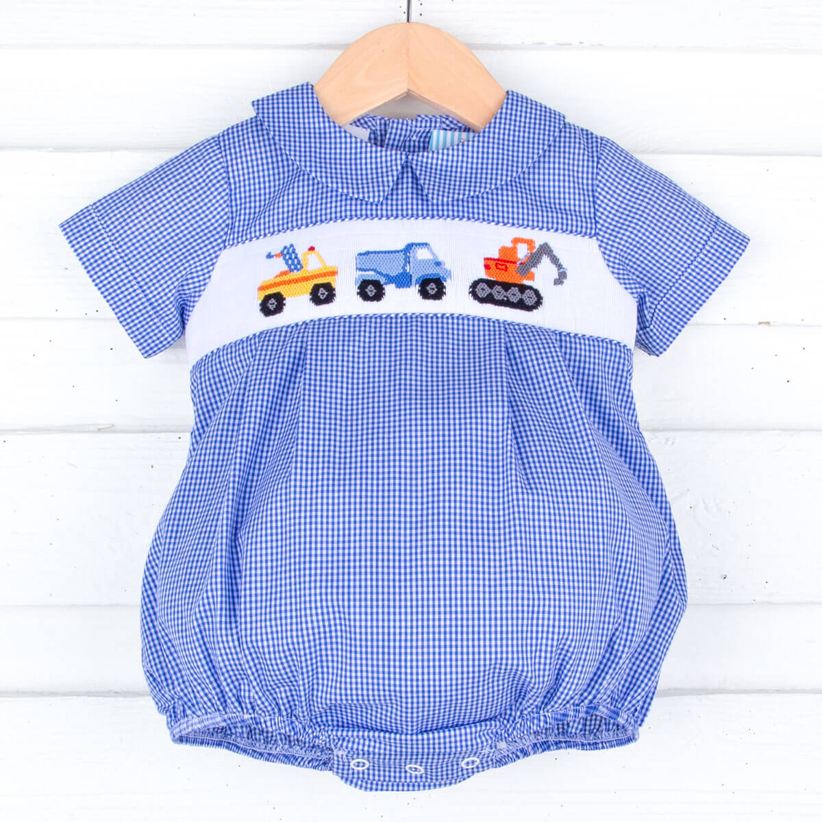Construction Trucks Smocked Royal Blue Gingham Collared Bubble