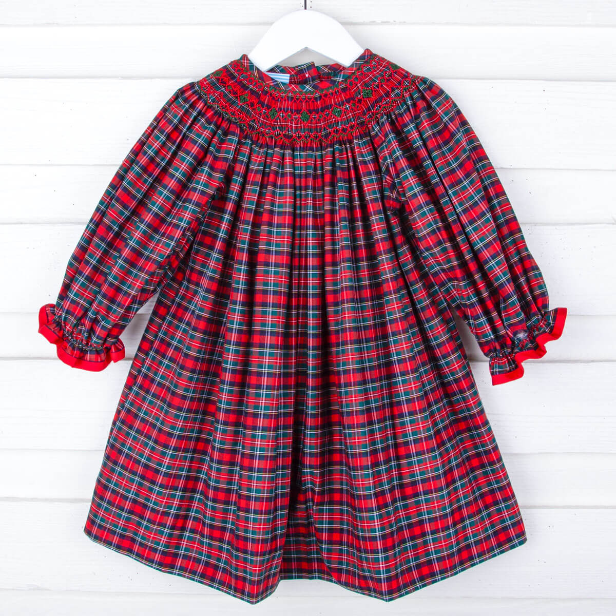 Christmas Eve Plaid Geo Smocked Long Sleeve Bishop Dress