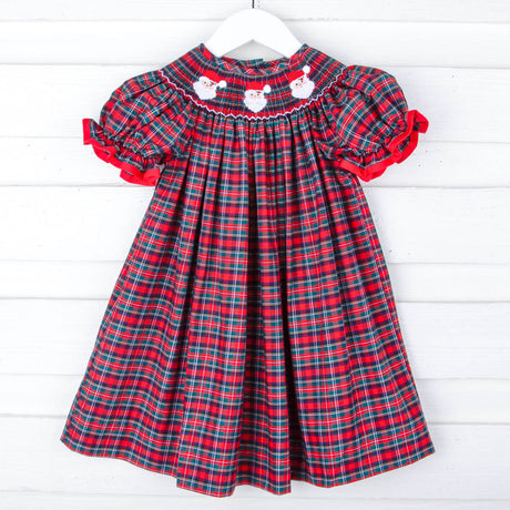 Christmas Eve Plaid Santa Smocked Bishop Dress