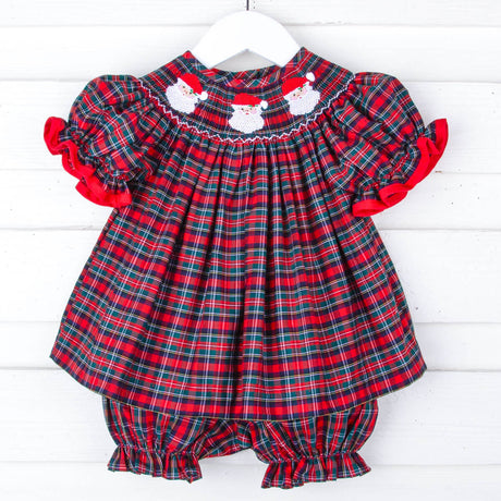 Christmas Eve Plaid Santa Smocked Bloomer Set