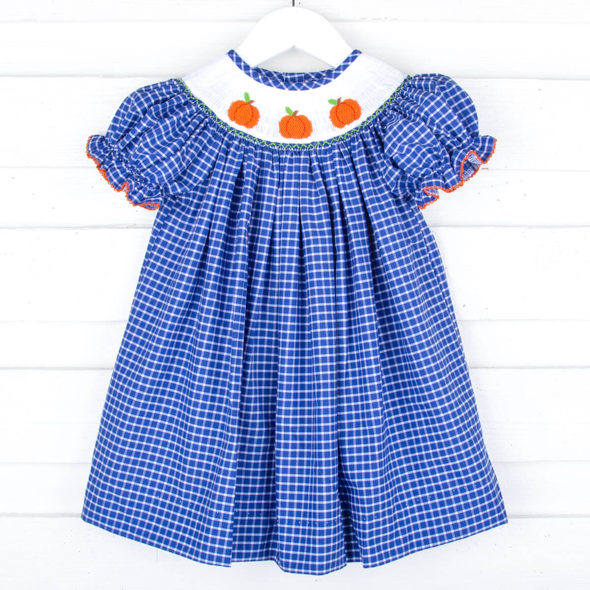 Pumpkin Smocked Navy Blue Windowpane Bishop Dress