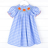 Pumpkin Smocked Light Blue Check Bishop Dress