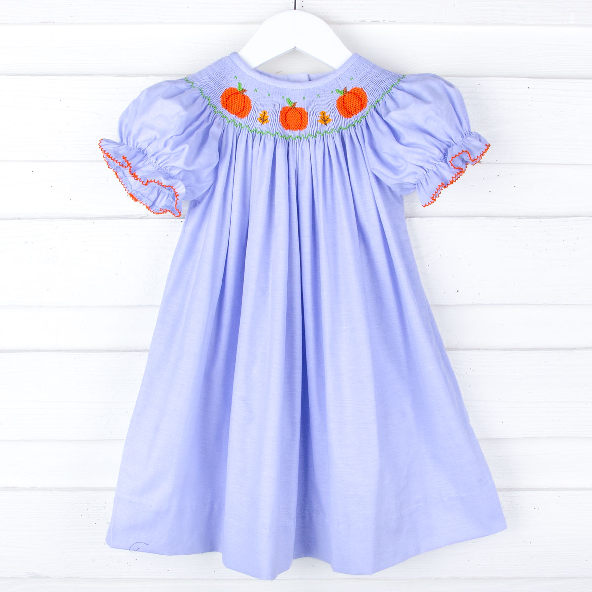 Pumpkin Delight Smocked Blue Bishop Dress