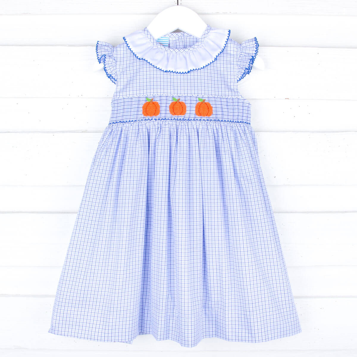 Pumpkin Cutie Smocked Blue Plaid Ruffle Collared Dress