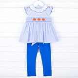 Pumpkin Cutie Smocked Blue Plaid Ruffle Collared Legging Set