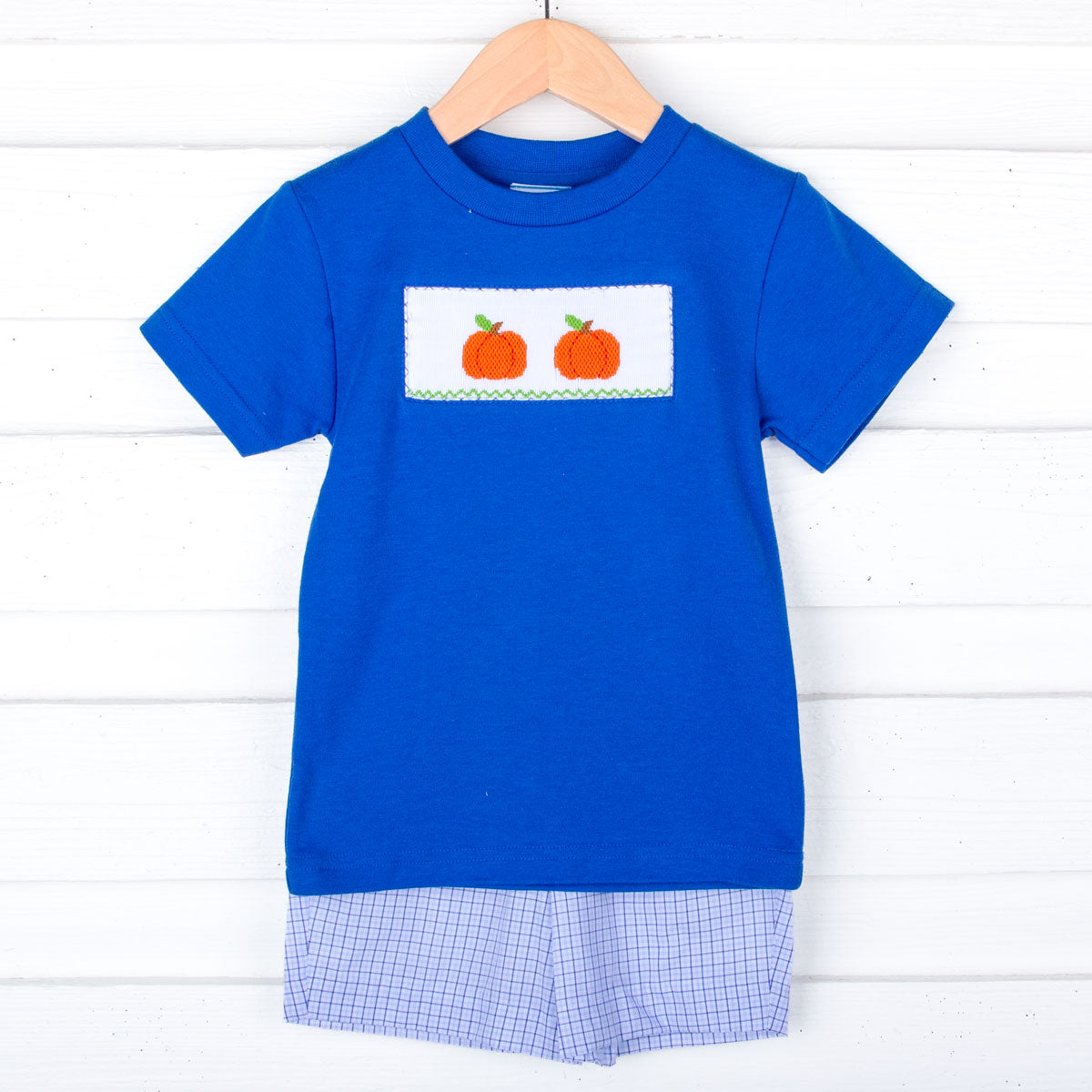 Pumpkin Cutie Smocked Blue Plaid Short Set