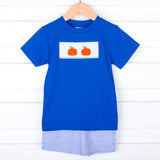 Pumpkin Cutie Smocked Blue Plaid Short Set