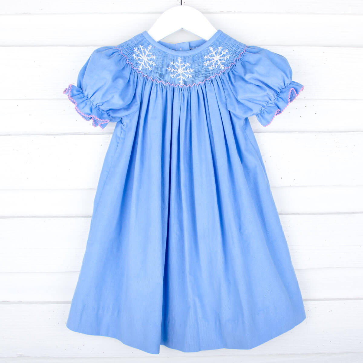 Snowflake Smocked Blue Corduroy Bishop Dress – Classic Whimsy