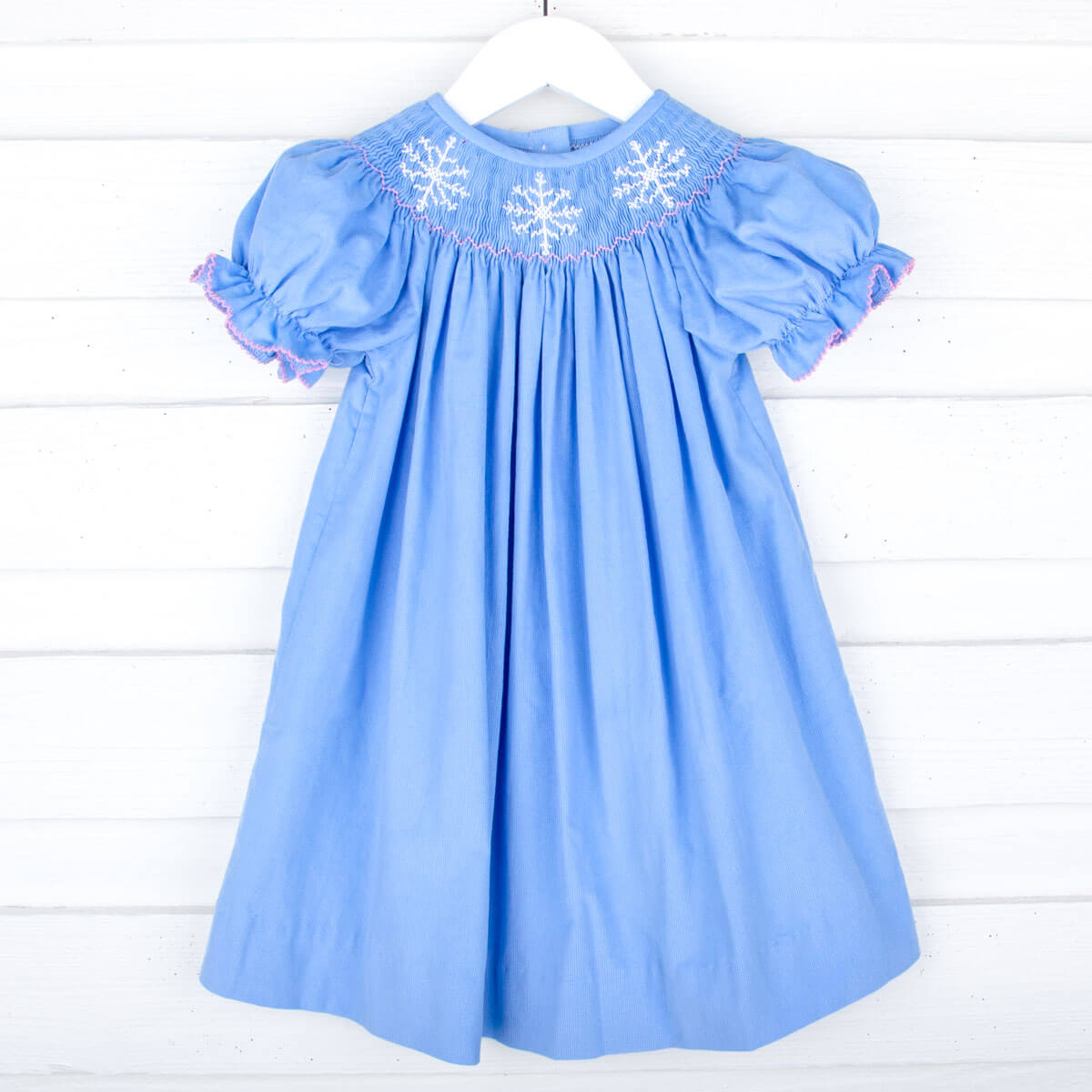 Snowflake Smocked Blue Corduroy Bishop Dress