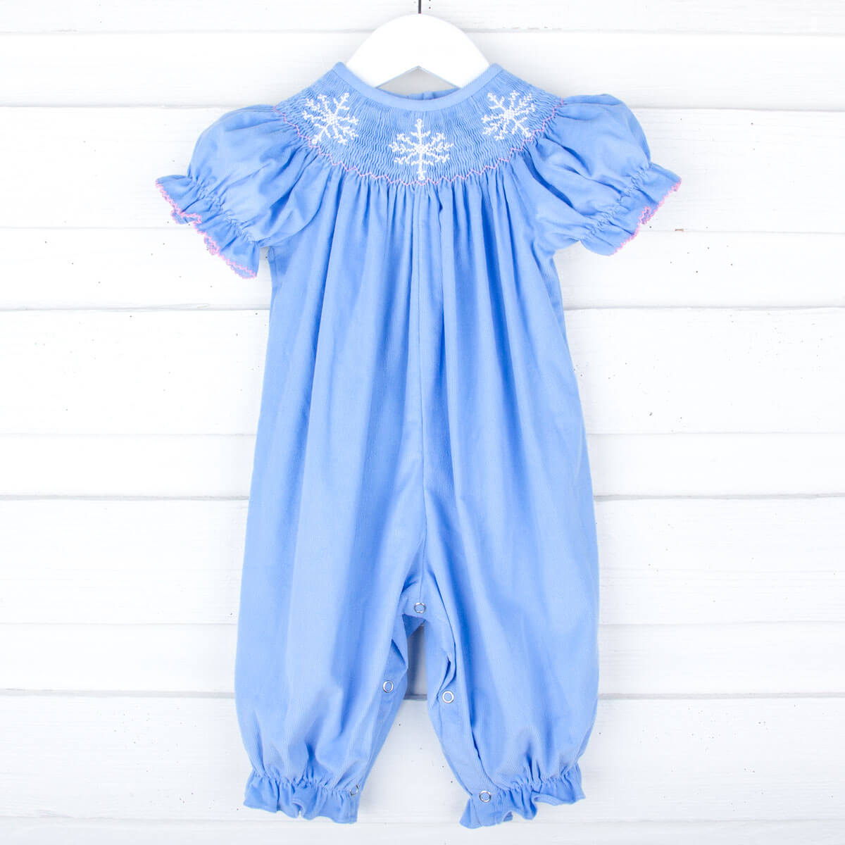 Snowflake Smocked Blue Corduroy Bishop Long Bubble