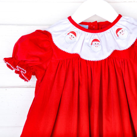 Santa Embroidered Solid Red Corduroy Quinn Dress