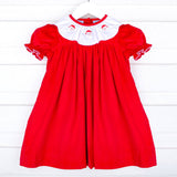 Santa Embroidered Solid Red Corduroy Quinn Dress