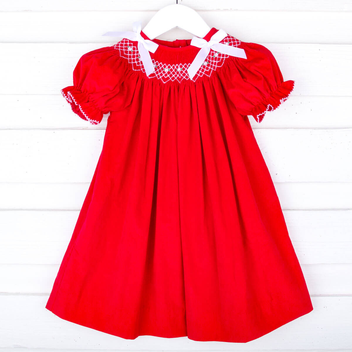 Solid Red Corduroy Smocked Bow Dress