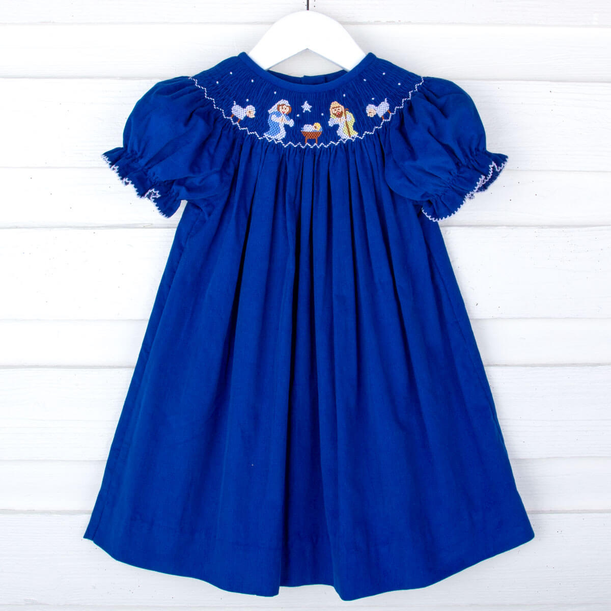 Nativity Smocked Royal Blue Corduroy Bishop Dress Classic Whimsy Nativity Smocked Royal Blue Corduroy Bishop Dress Classic Whimsy