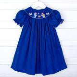 Nativity Smocked Royal Blue Corduroy Bishop Dress