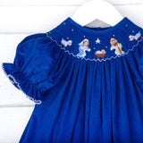 Nativity Smocked Royal Blue Corduroy Bishop Dress