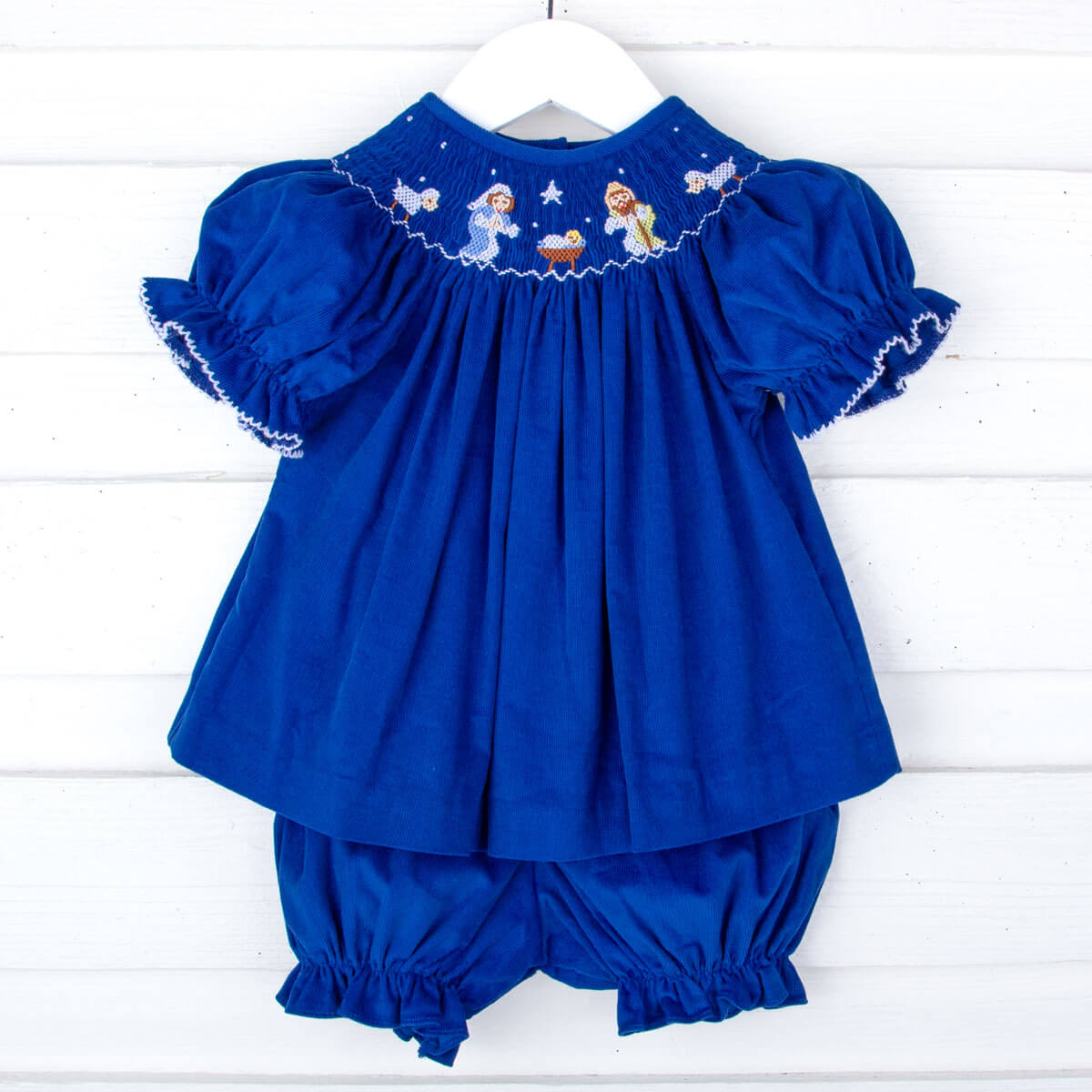 Nativity Smocked Royal Blue Corduroy Bishop Bloomer Set