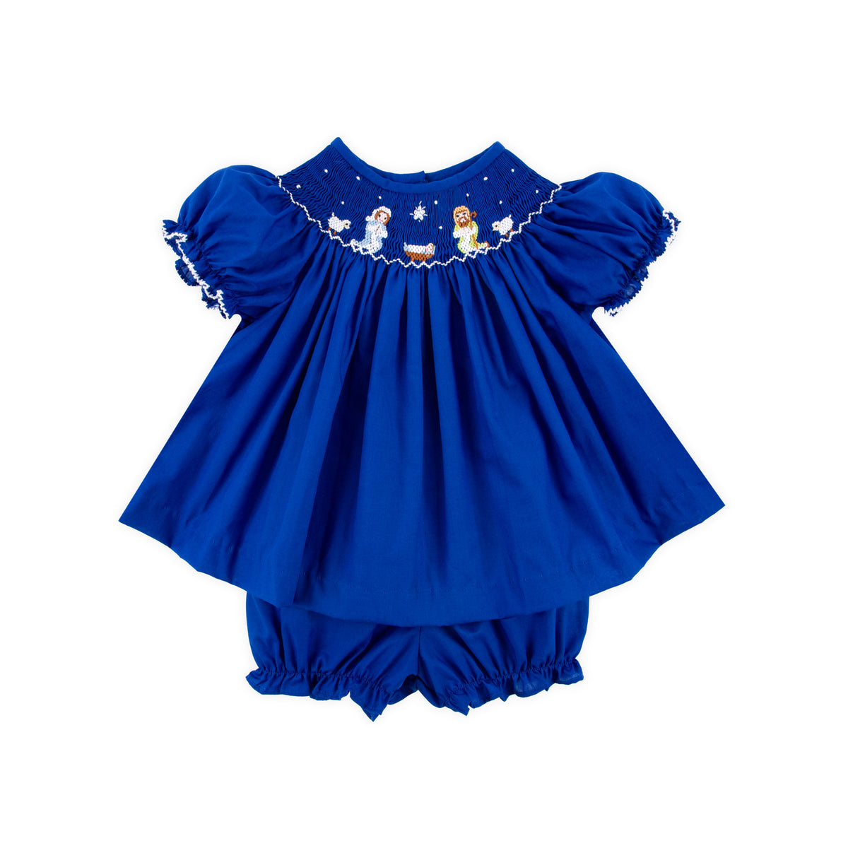 Nativity Smocked Royal Blue Bishop Bloomer Set