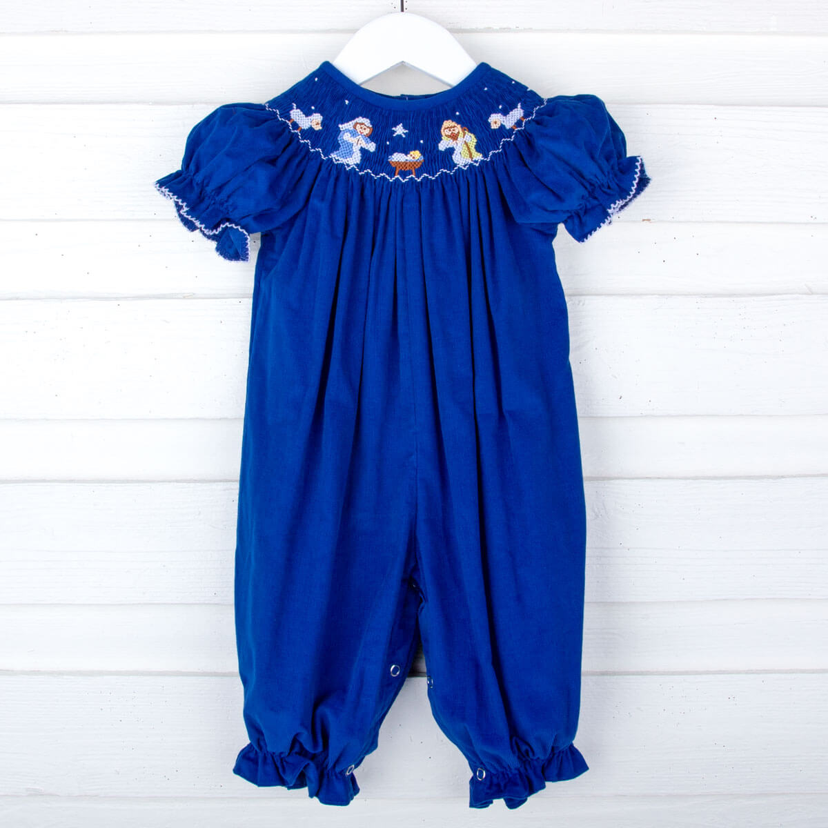 Nativity Smocked Royal Blue Corduroy Bishop Long Bubble