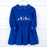 Nativity Smocked Royal Blue Corduroy Long Sleeve Dress