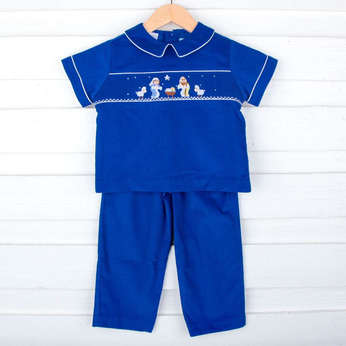 Nativity Smocked Royal Blue Corduroy Pant Set