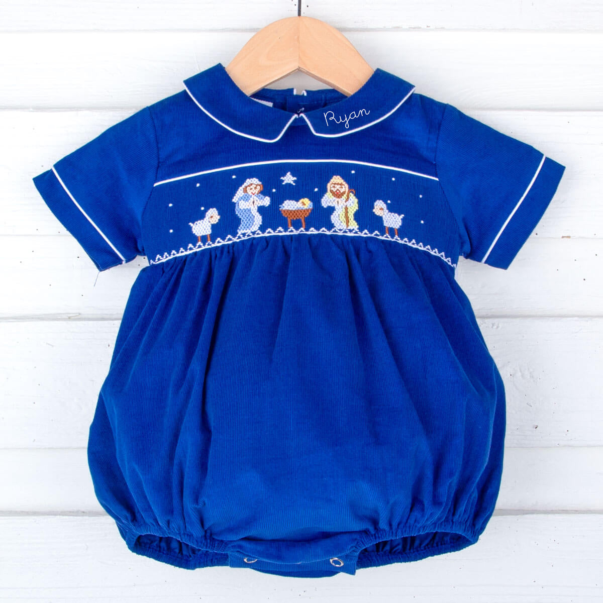 Nativity Smocked Royal Blue Corduroy Collared Bubble – Classic Whimsy