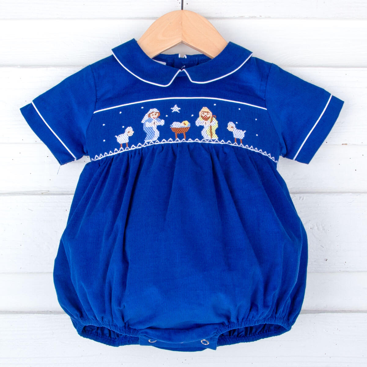 Nativity Smocked Royal Blue Corduroy Collared Bubble