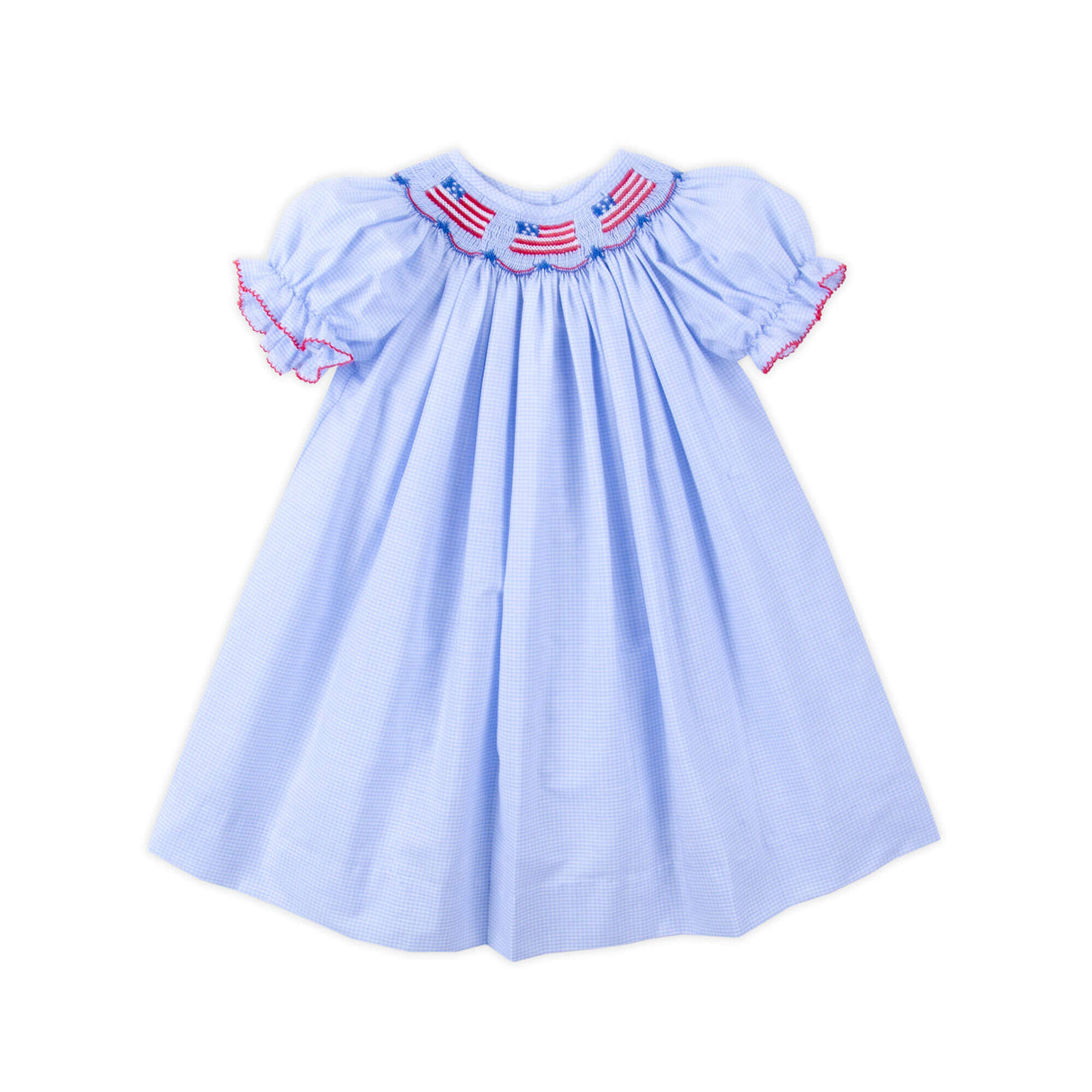 Light Blue Gingham Flag Smocked Bishop Dress