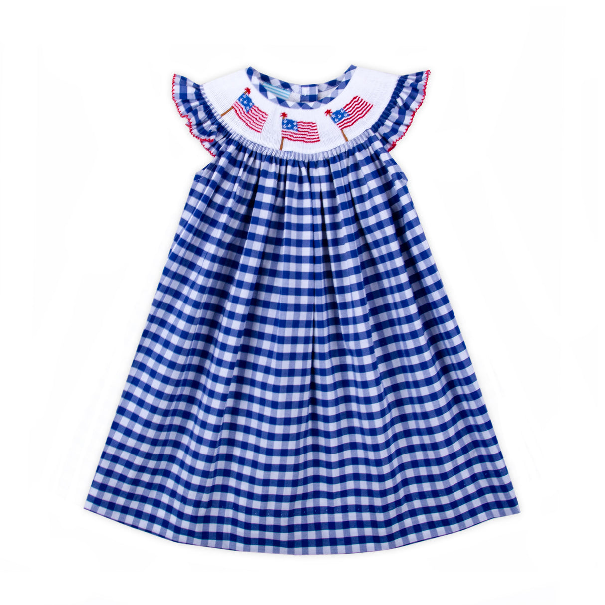 Flag Smocked Royal Gingham Angel Sleeve Dress