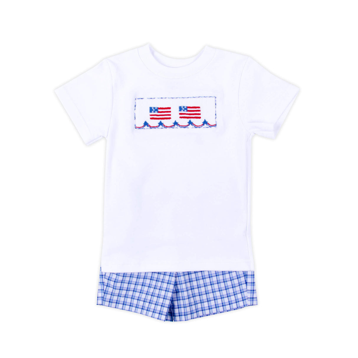 Flag Smocked Blue Plaid Short Set