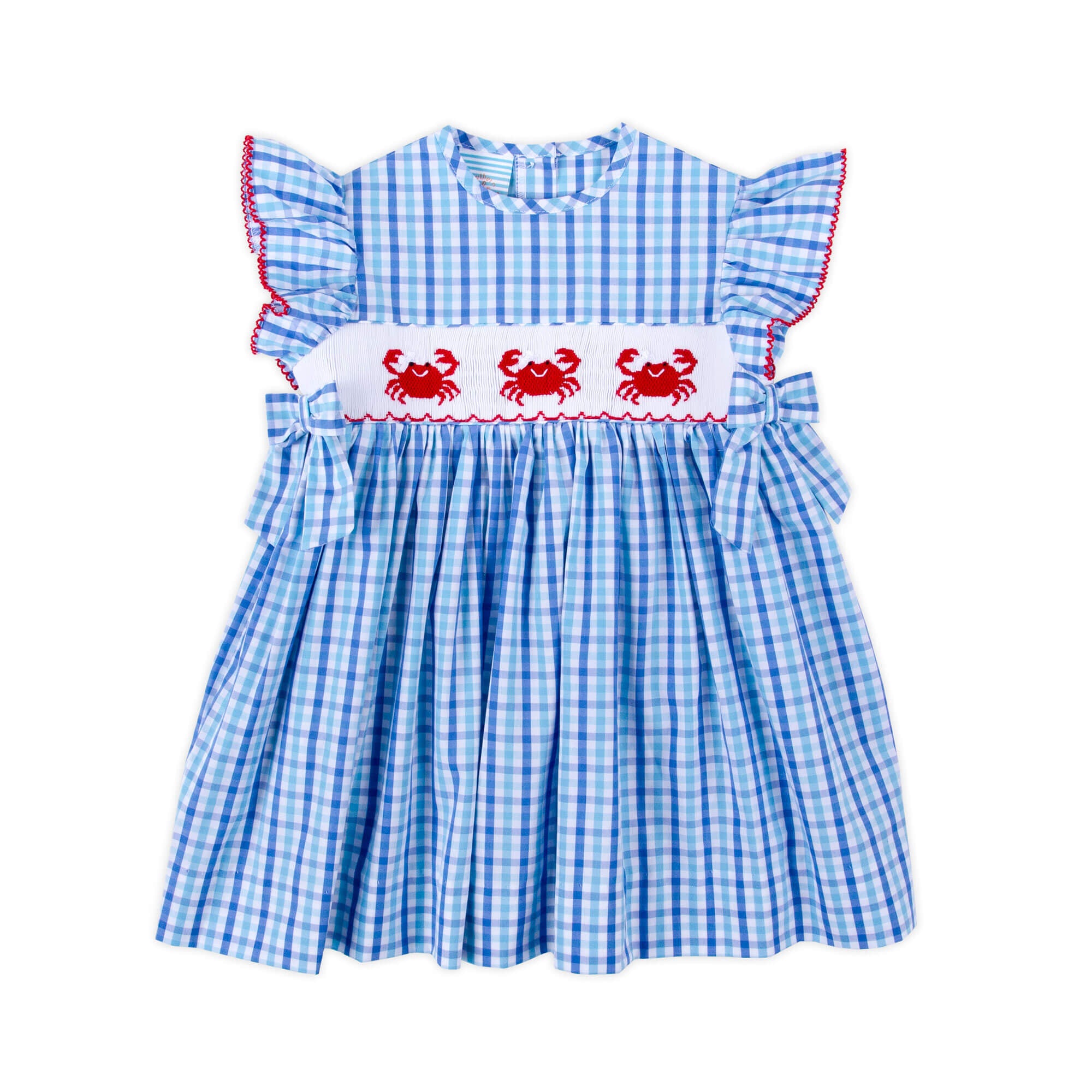 Crab With Bows Smocked Blue Plaid Side Tie Dress – Classic