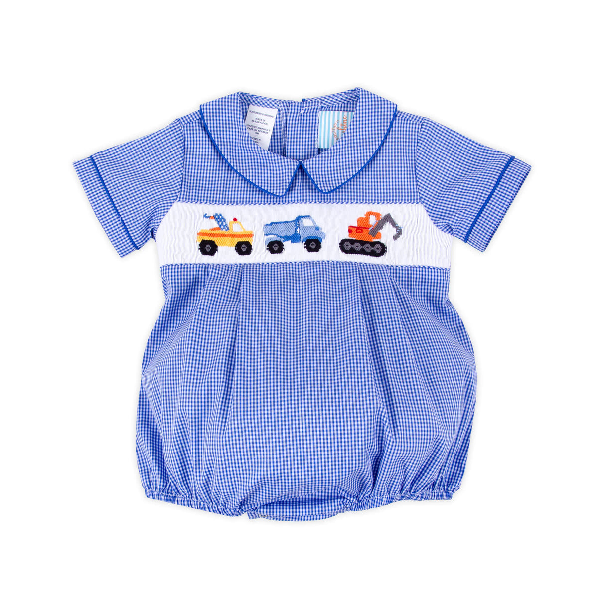 Construction Truck Blue Gingham Smocked Collared Bubble