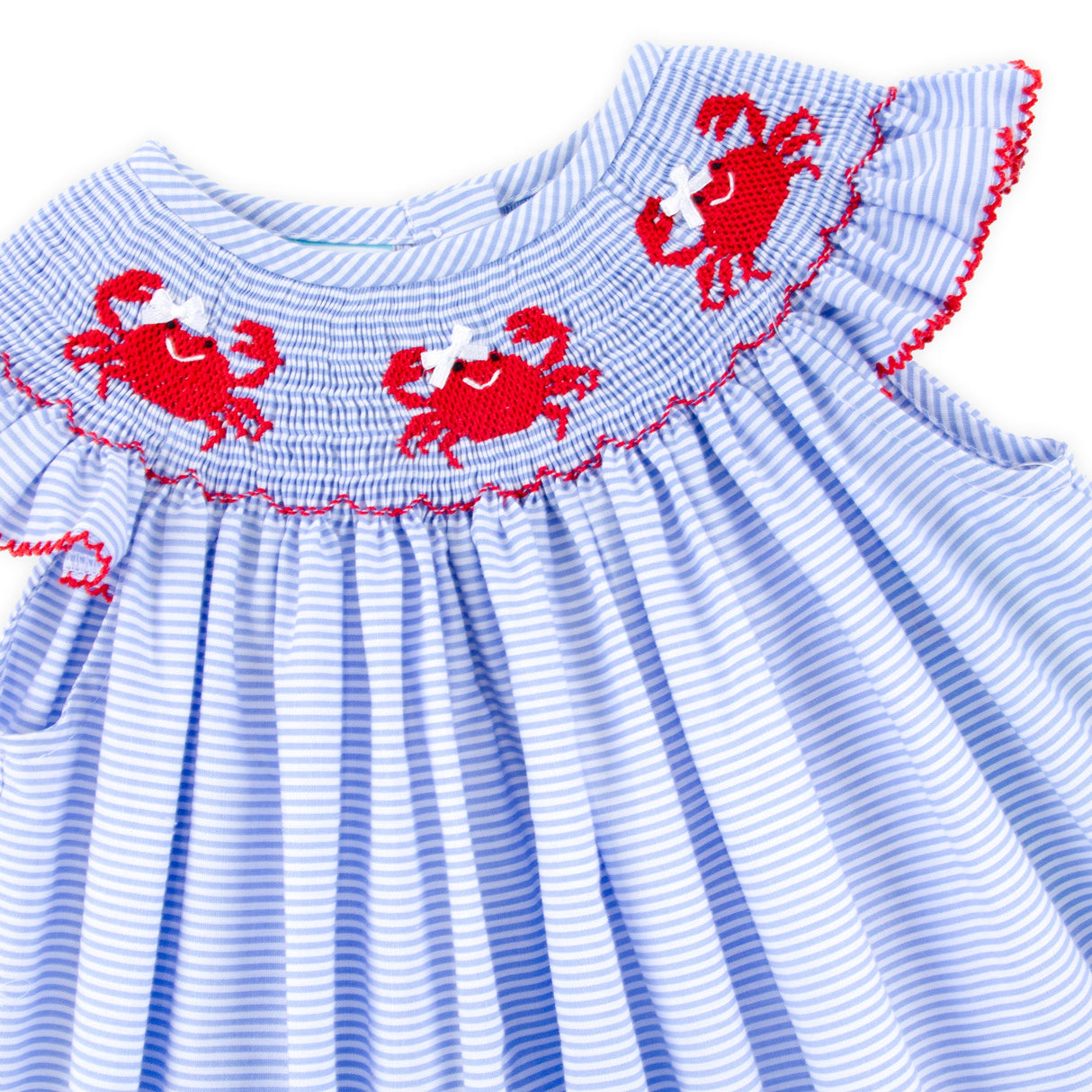 Crab Treasures Smocked Blue Stripe Angel Sleeve Dress
