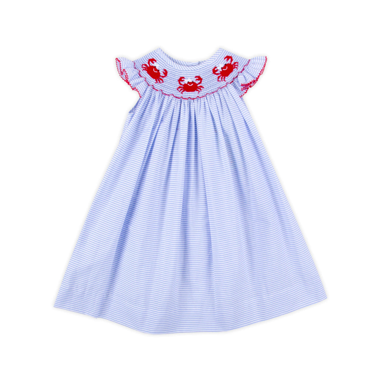 Crab Treasures Smocked Blue Stripe Angel Sleeve Dress