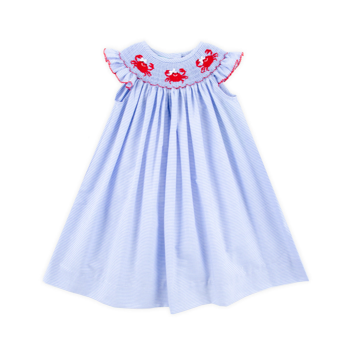 Crab Treasures Smocked Blue Stripe Angel Sleeve Dress