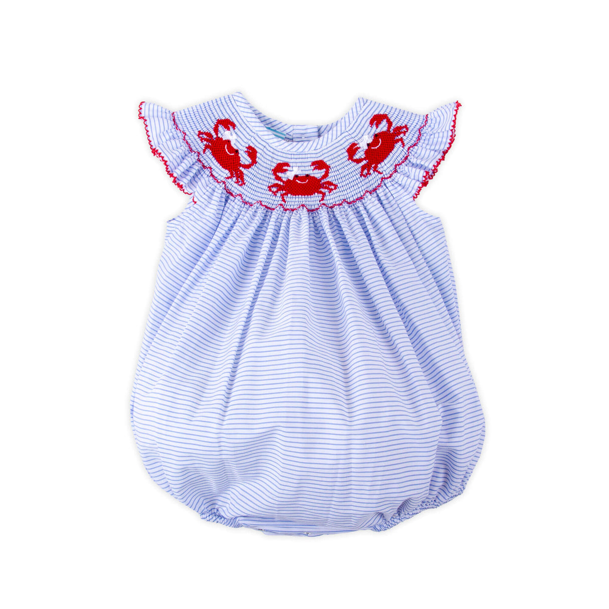 Crab Treasures Smocked Blue Stripe Angel Sleeve Bubble