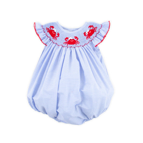 Crab Treasures Smocked Blue Stripe Angel Sleeve Bubble