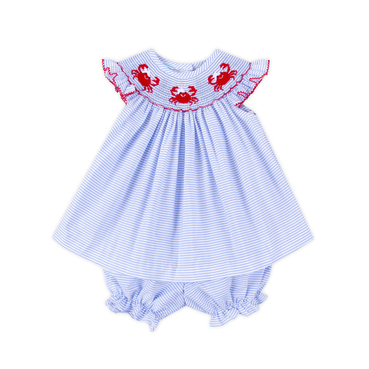 Crab Treasures Smocked Blue Stripe Angel Sleeve Bloomer Set