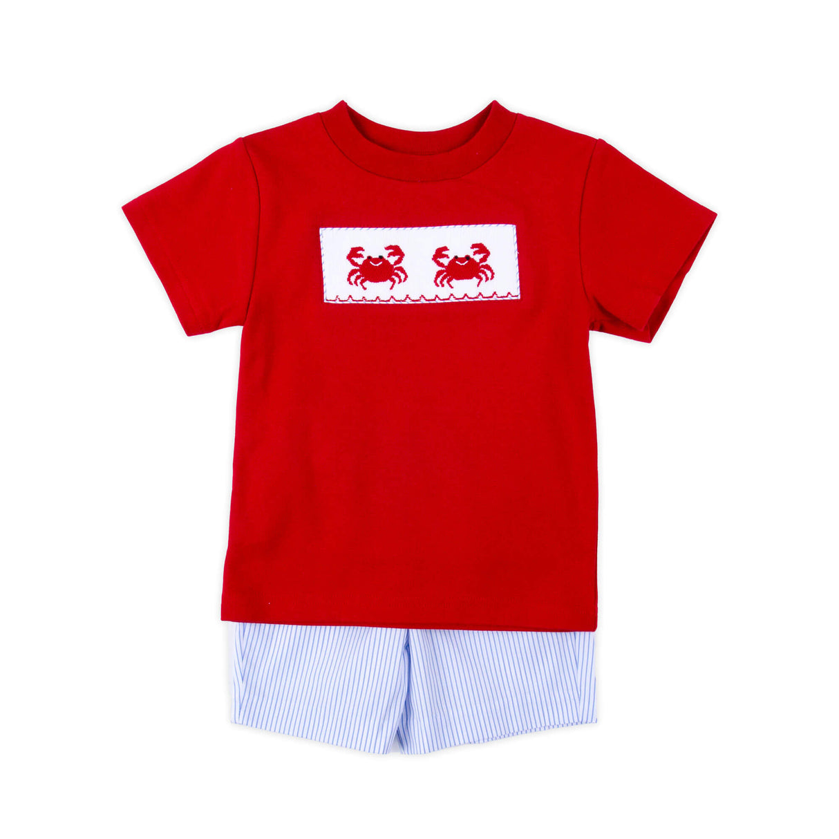 Crab Treasures Smocked Blue Short Set