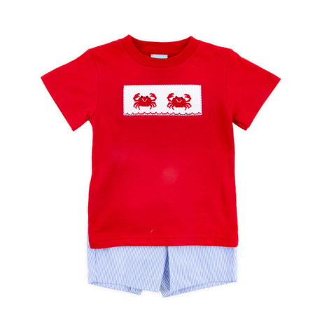 Crab Treasures Smocked Blue Short Set