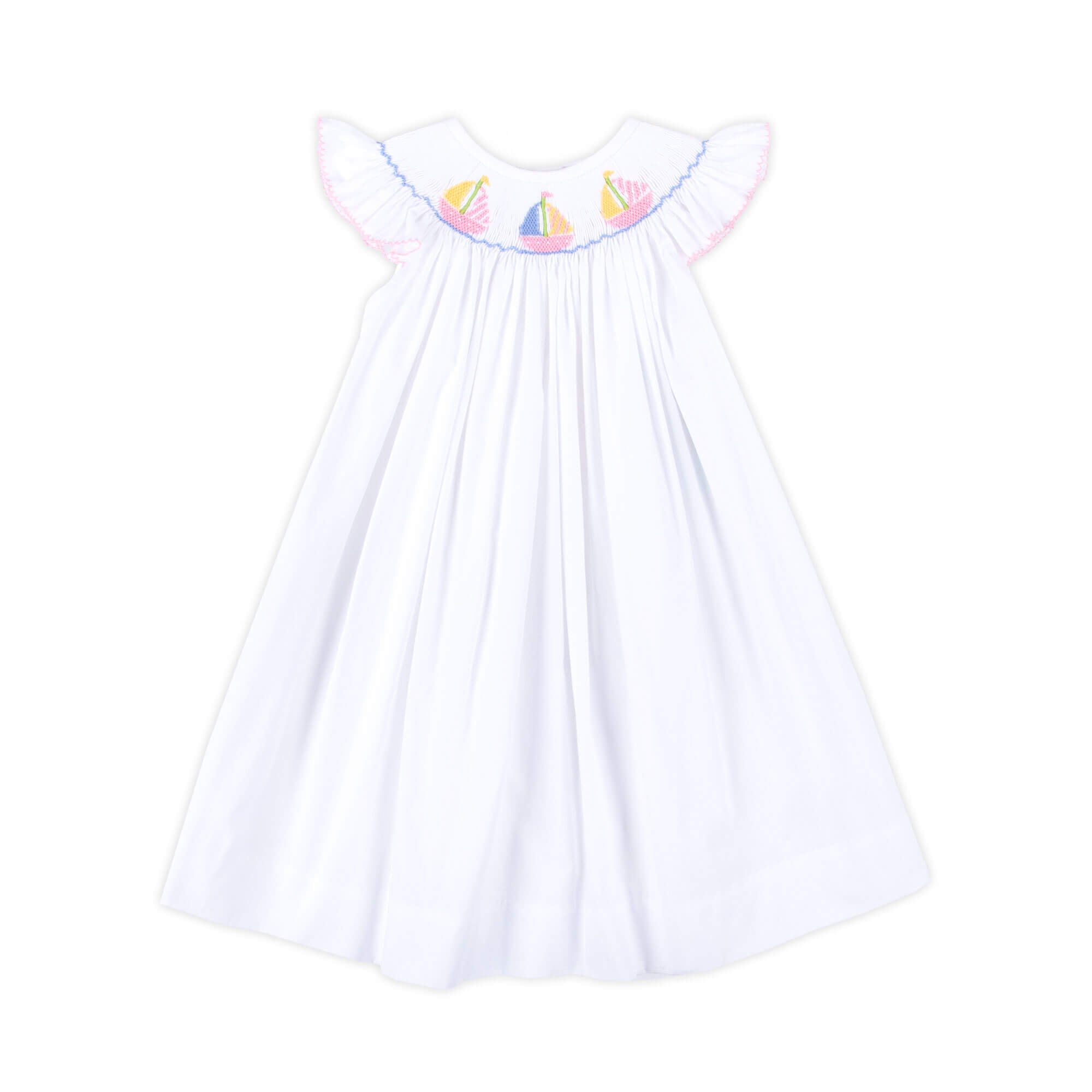 Sailboat Smocked White Angel Sleeve Dress – Classic Whimsy