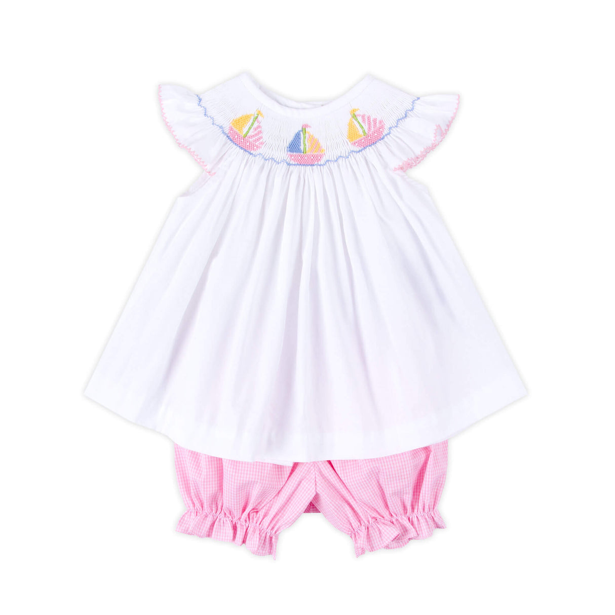 Sailboat Bliss Smocked White Angel Sleeve Bloomer Set