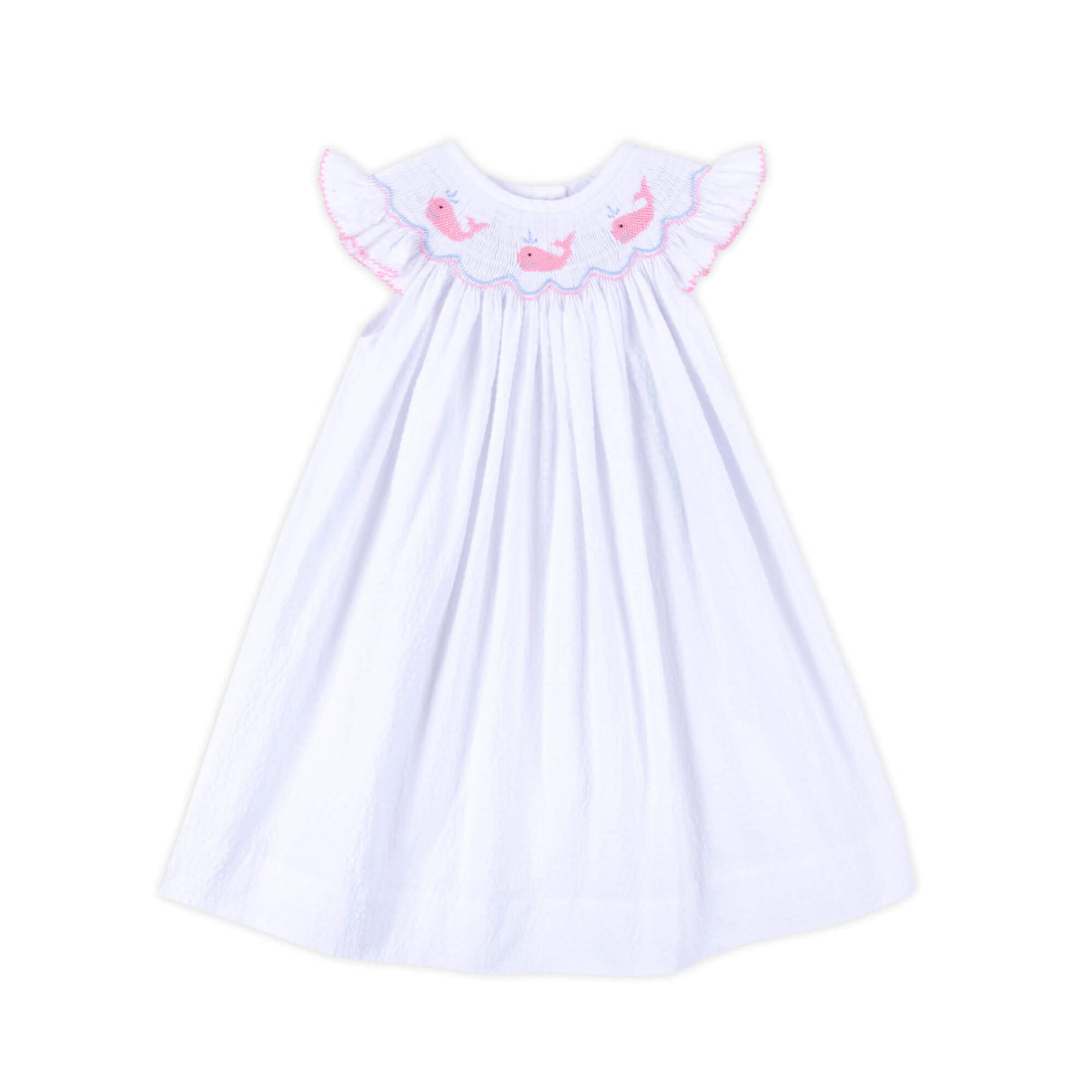 Adorable Whale Smocked White Angel Sleeve Dress