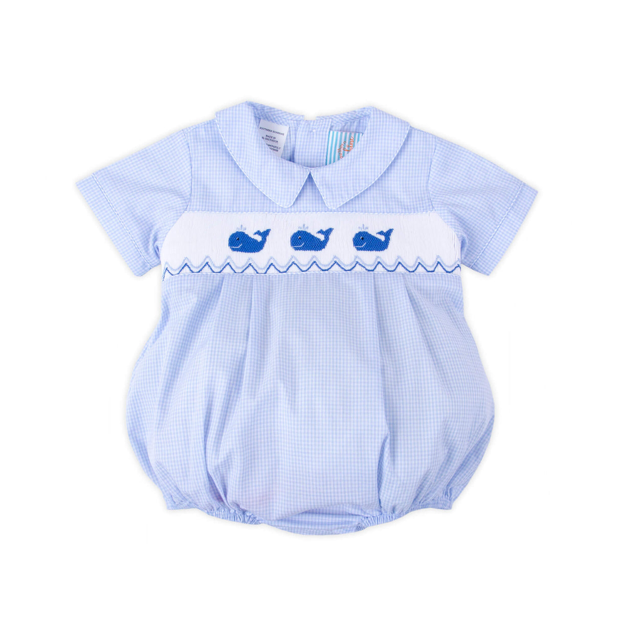 Adorable Whale Smocked Light Blue Gingham Collared Bubble