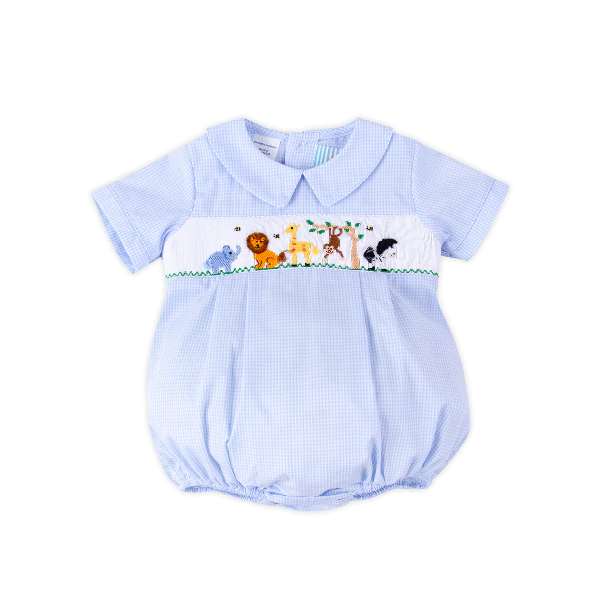 Animal Friends Blue Gingham Smocked Collared Bubble