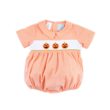 Trio Jack O Lantern Smocked Orange Gingham Collared Bubble