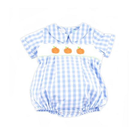 Pumpkin Smocked Light Blue Check Collared Bubble