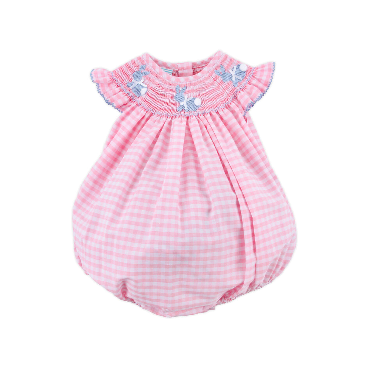 Bunny Tail Smocked Pink Gingham Angel Sleeve Bubble