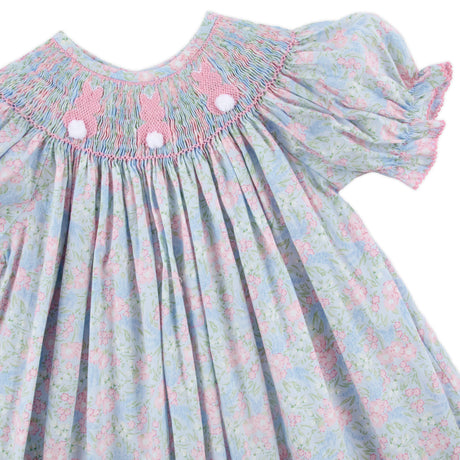 Vintage Garden Blue Floral Bunny Smocked Bishop Dress